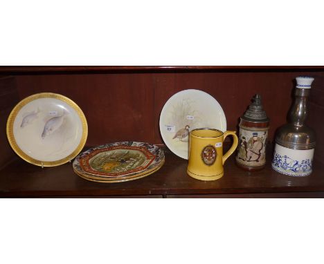 Royal Doulton hand-painted plate featuring red-legged Partridge (signed Wilson), two similar (A/F), a German beer stein with 