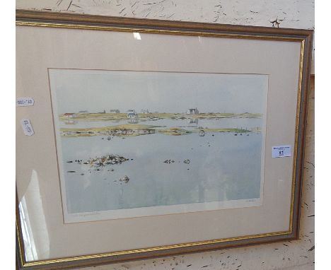 Watercolour of an estuary scene at Stilligarry on South Uist of The Western Isle by William Neill and a colour print of an Ed