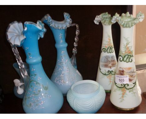 Victorian painted glass vases and pair of jugs etc. (one shelf)