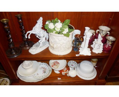 Bretby jardiniere with classical figure relief n(A/F), a spelter Marley Horse, four vases, a pie funnel and a shelf of assort