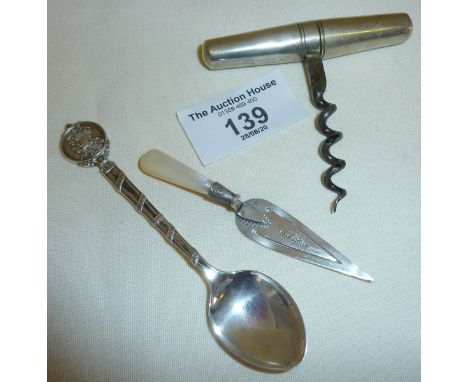 Silver and mother-of-pearl masonic trowel bookmark hallmarked for Birmingham 1922, and a folding picnic or travel corkscrew, 