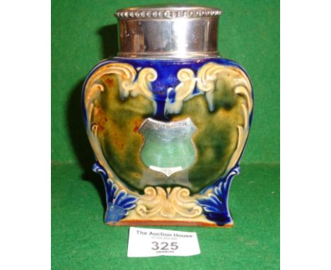 A good Doulton Lambeth Art Nouveau tea caddy with hallmarked silver lid and mount, 5" tall (damaged and restored)