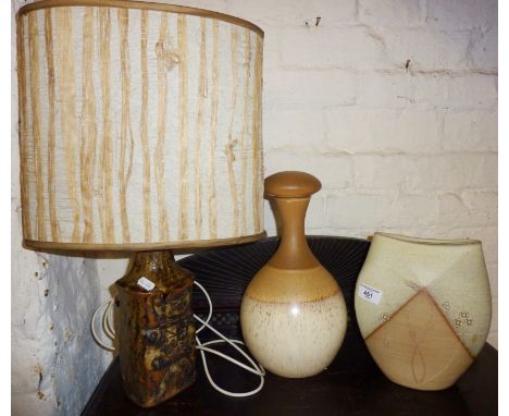 Bernard Rooke Studio pottery lamp base, c. 1970's, and two other pottery pieces