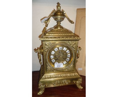 19th c. French ormulu mantle clock having brass dial with enamel numerals