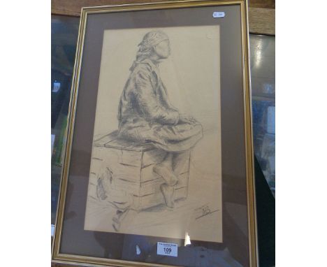 Pencil study of a seated African woman by Philip Tennyson COLE. English portrait painter who lived in South Africa, monogramm