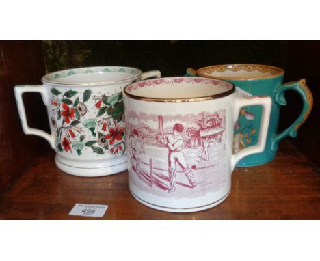 Two limited edition Wade two handled mugs made for Taunton Cider and a quart mug with cricketers decoration