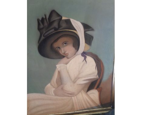 Large 19th c. pastel portrait of a seated woman with bonnet, in gilt frame