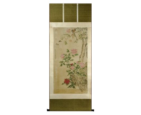 A beautiful Chinese scroll painting depicting long-tailed birds and doves surrounded by cherry blossom threes and large red a