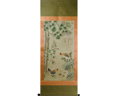 A very interesting Chinese painting scroll depicting two roosters with their chicks surrounded by threes and flowers. The roo