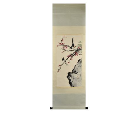 A beautiful Chinese painting scroll featuring two doves, symbolizing longevity, resting on cherry blossom branches. Inscribed