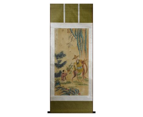 A beautiful Chinese scroll painting featuring a kneeling court lady offering flowers to a male figure, depicted riding a deer