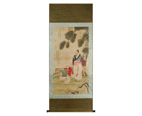 A nice Chinese painting scroll depicting court scenes with a child playing with two ducks in a typical Chinese garden. Inscri