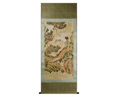 This large painting scroll comprises two crane birds standing on three branches, surrounded by a typical Chinese landscape. I