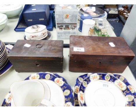 ANTIQUE MAHOGANY OBLONG TEA CADDY AND AN ANTIQUE GRAINED PINE TEA CADDY WITH RING HANDLE ON BALL FEET (BOTH LACK INTERIORS) (