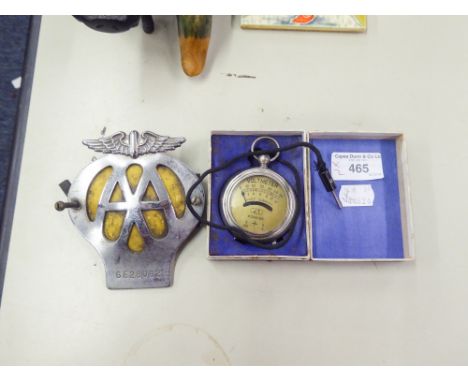VOLTMETER, IN ORIGINAL BOX AND A VINTAGE 'AA' CAR BADGE NO. 6E28062 (2) 