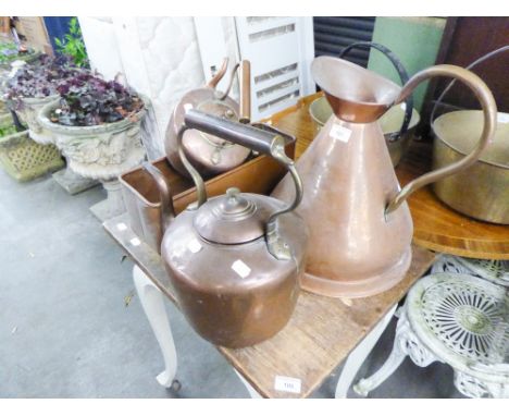 TWO OLD COPPER KETTLES (ONE LARGE), ONE LARGE OLD COPPER PITCHER, ONE OBLONG OLD COPPER PLANTER ETC.... 