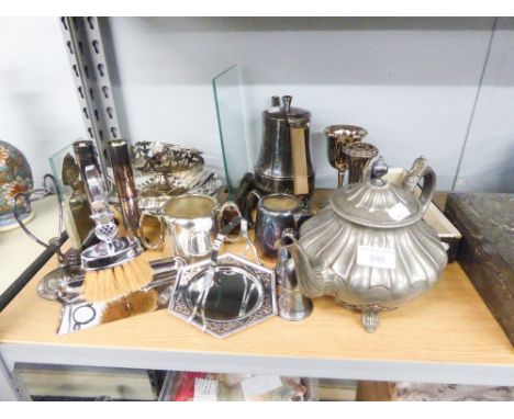 A JAMES DICKINSON AND SONS PEWTER ELABORATE TEAPOT, RAISED ON FOUR SUPPORTS AND A COLLECTION OF EP ITEMS 