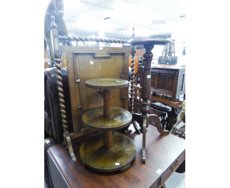 A 1930's OAK FIRESCREEN , A TRIPOD PLANT STAND, A THREE TIER STAND AND  TWO BED WARMING PANS (5) 