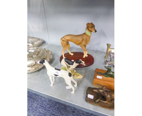 'TIVIOTDALE' HAWICK, SCOTLAND, RESIN MODEL OF A BLACK AND WHITE GREYHOUND RUNNING, SIGNED TOM MACKIEM 5 1/8" HIGH; ANOTHER SI