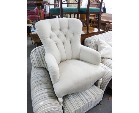 A REGENCY STYLE BUTTON BACK CHAIR (SOILED)