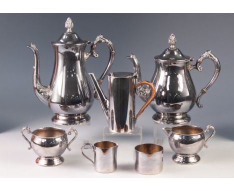 20th CENTURY ELECTROPLATED FOUR PIECE TEA AND COFFEE SERVICE with foliated knops and a plated THREE PIECE COFFEE SET