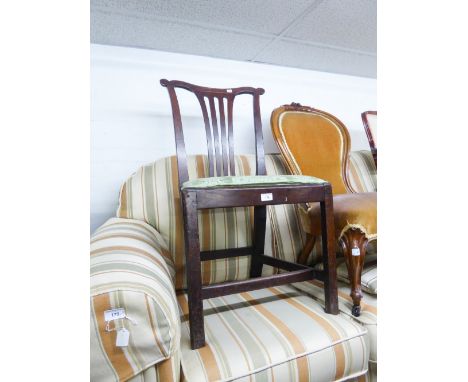 GEORGE III OAK SINGLE DINING CHAIRS, in Chippendale style with pierced splat and drop-in seat covered in floral green fabric 