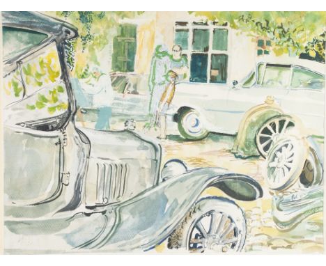 JESSIE STREAMES (modern)  WATERCOLOUR AND GOUACHE  'Vintage cars Negrepellise 1999'  Signed and inscribed on mount  9 3/4" x 