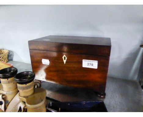 VICTORIAN MAHOGANY TEA CADDY WITH IVORY DIAMOND ESCUTCHEON, ON BUN FEET (LACKING INTERIOR) 