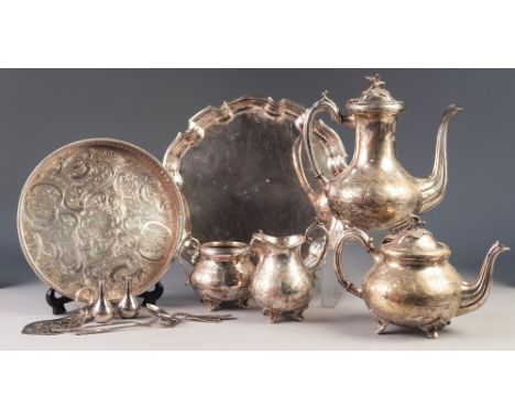 EARLY 20th CENTURY VICTORIAN STYLE ELECTROPLATED FOUR PIECE TEA AND COFFEE SERVICE,  a PLATED WAITER, CIRCULAR GALLERIED TRAY