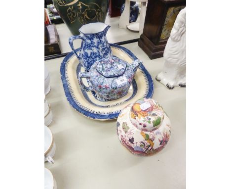 KEELING AND CO., LOSOL WARE LARGE OCTAGONAL JUG, WITH BLUE AND WHITE 'CAVENDISH' PATTERN; MASONS PATENT IRONSTONE CHINA 'FRUI