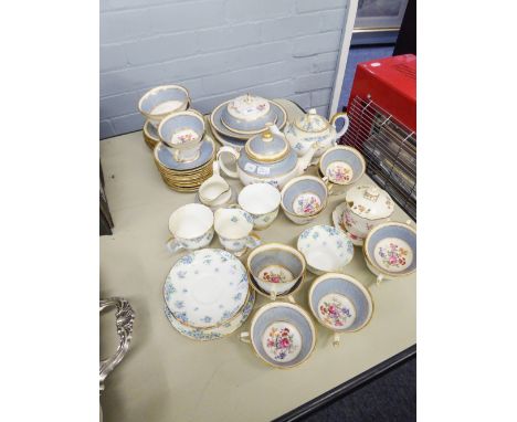 A 422 PIECE 1930's CHELSON CHINA TEA SERVICE, GILT VERMICULAR BORDERS ON A PALE BLUE GROUND, WITH FLORAL PRINTED AND ENAMELLE