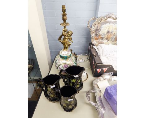 A 1950's CAST BRASS ELECTRIC TABLE LAMP, ALSO A SET OF THREE BLACK GLAZED JUGS AND A REPRODUCTION GINGER JAR ELECTRIC TABLE L