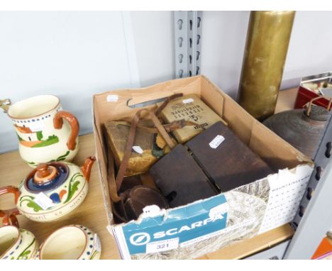 A COLLECTION OF MEASURING UTENSILS TO INCLUDE; A COMPASS, T. BLUNT, CORNHILL, LONDON FOR A TRIPOD, RULER ETC... PLUS A 'MERIT