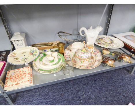 THREE LATE VICTORIAN/EDWARDIAN EARTHENWARE TILES, A SET OF THREE GRADUATED PAINTED METAL DUCKS, A JAM THERMOMETER, SUNDRY CHI