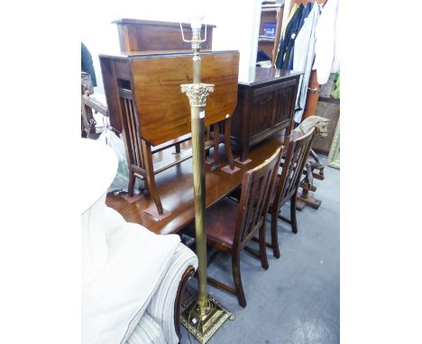 A BRASS STANDARD LAMP WITH REEDED COLUMN, ON SQUARE BASE WITH SILK SHADE  