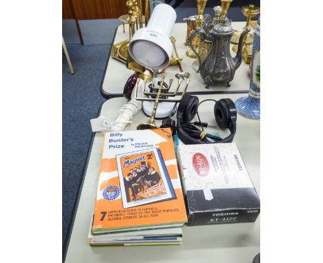 BRASS MENORAH; DESK LAMP; A PAIR OF LEAK HEADPHONES; HEADPHONE PADS; TOSHIBA KT-4129 STEREO CASSETTE PLAYER WITH BELT CLIP AN