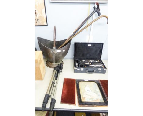A BRASS COAL SCUTTLE, THREE WALKING STICKS AND A STAR 42 TRIPOD (5) 