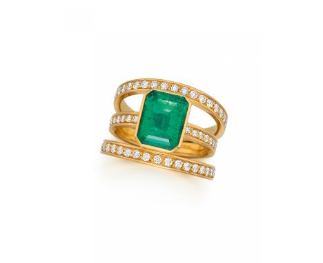 SMARAGD-DIAMANT-RING. Herkunft: Deutschland. Datierung: Um 2000. Material: 750/- Gelbgold, Punze. Gesamtgewicht: ca. 13,5 g. 