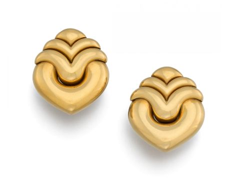BULGARIDoppio Cuore. Gold-Ohrclips. Herkunft: Italien. Datierung: Um 1990. Material: 750/- Gelbgold, Punze. Gesamtgewicht: ca