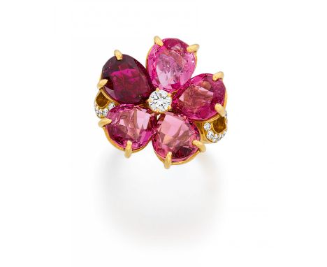 BULGARIFLORA. Turmalin-Diamant-Ring. Herkunft: Italien. Datierung: Um 2020. Material: 750/- Gelbgold, Punze. Gesamtgewicht: c