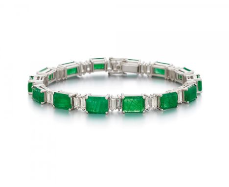 KLASSISCHES SMARAGD-DIAMANT-ARMBAND. Herkunft: Wohl Deutschland. Datierung: Um 1950. Material: 750/- Weißgold, Punze. Gesamtg