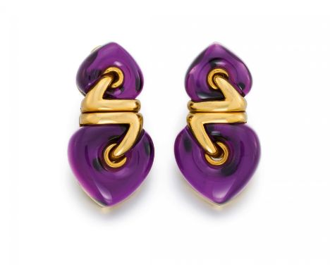 BULGARIDoppio Cuore. Amethyst-Ohrclips. Herkunft: Italien. Material: 750/- Gelbgold, Punze. Gesamtgewicht: ca. 36,0 g. Maße: 