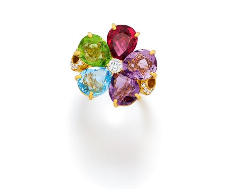 BULGARIFLORA. Farbstein-Diamant-Ring. Herkunft: Italien. Datierung: Um 2020. Material: 750/- Gelbgold, Punze. Gesamtgewicht: 