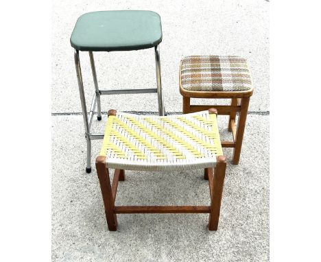 3 Vintage stools, comprising of a single metal kitchen stool, 2 wooden, largest measures approximately Height 27 inches, 15 i