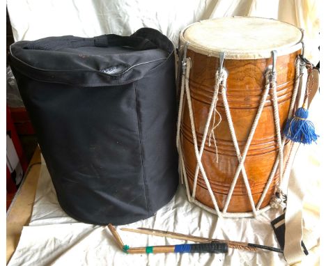 Vintage Indian drum, with carry strap, overall height 22 inches, diameter 14 inches 