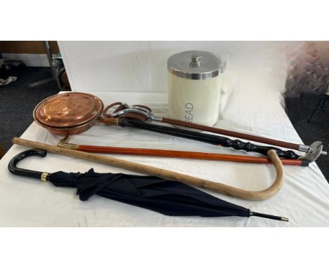 Umbrella 2 walking sticks shooting stick with leather seat copper warming pan and bread bin 