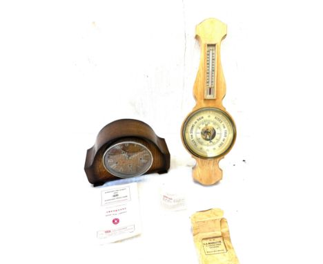 Wooden Barometer and a Smiths three key hole mantel clock 
