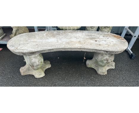 Three piece concrete garden bench measures approx 46 inches wide by 16 inches deep and 15 high 
