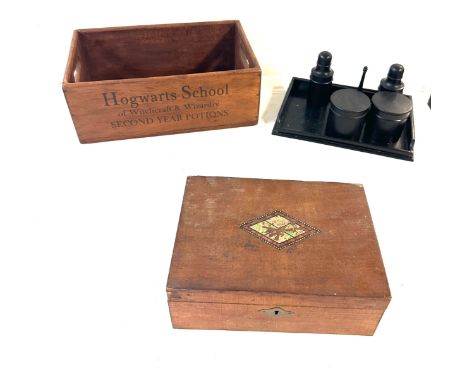 Selection of wooden items includes ebony dressing table set, vintage inlaid box and a Harry pottery hogwarts school potion bo