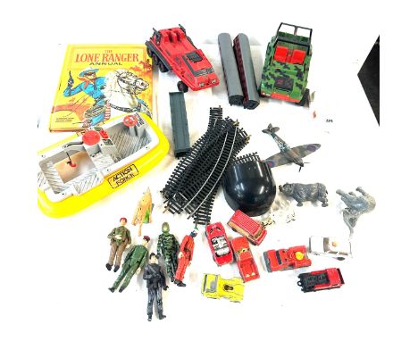 Selection of vintage and later toys includes matchbox, action figures, corgi, animal figures, trains etc 